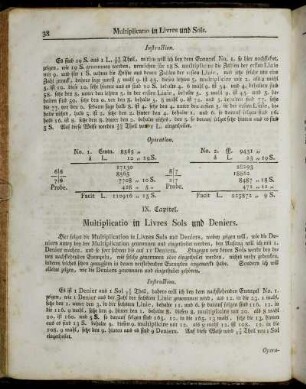 IX. Capitel. Multiplicatio in Livres, Sols und Deniers. - XI. Capitel. Multiplicatio in Livres mit doppelten Brüchen oder Theilen.