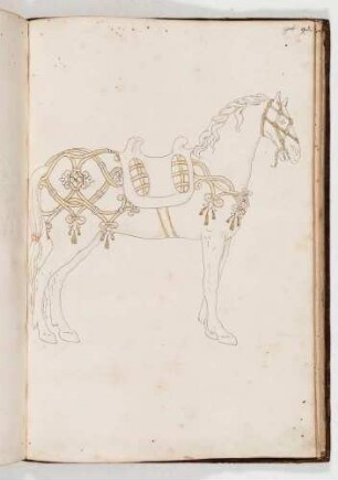 Pferd mit Prachtreitzeug, Kopfschmuck und Sattel, in: Equestrium statuarum [...] formae [...] artificiosissime pictis, Bl. 95