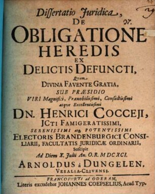 Dissertatio iuridica, de obligatione heredis ex delictis defuncti