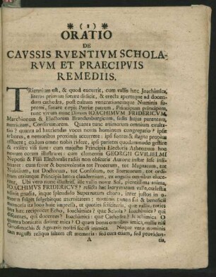 Oratio De Caussis Ruentium Scholarum Et Praecipuis Remediis.