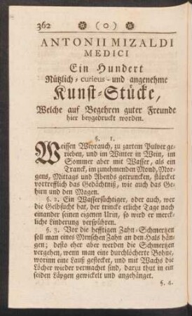 Antonii Mizaldi Medici Ein hundert Nützlich- curieus- und angenehme Kunst-Stücke