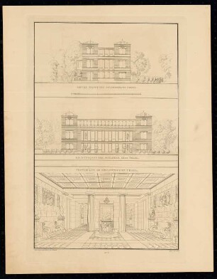 Schloss Tegel, Berlin: Ansicht Fassaden, Vestibül (aus: Sammlung Architektonischer Entwürfe, Berlin 1858)