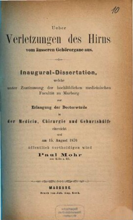 Ueber Verletzungen des Hirns vom äusseren Gehörorgane aus