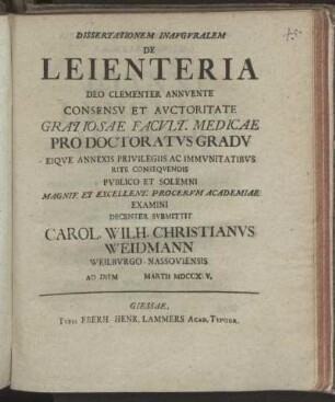 Dissertationem Inauguralem De Leienteria