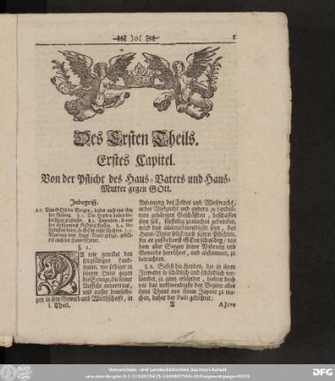 Des Ersten Theils. Erstes Capitel. Von der Pflicht des Haus-Vaters und Haus-Mutter gegen Gott.