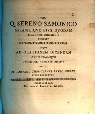 Pro Q. Sereno Samonico mirabilique eius quodam medendi consilio
