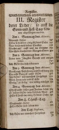 III. Register derer Lieder/ so auff die Sonn-und Fest-Tage können abgesungen werden.