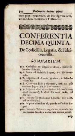 Conferentia Decima Quinta. De Codicillis, Legatis, & Fideicommissis