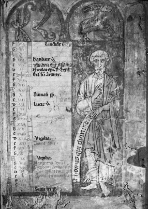 Psalterium cum canticis — Kalendar mit KL-Ligatur für den Monat Dezember und einer Darstellung des Apostels Thomas, Folio BS