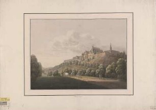 Ansicht von Schloß Beichlingen, Handzeichnung, um 1790 : [Ansicht von Schloß Beichlingen]. - [S.l.] , [um 1790]. - 1 Kunstbl. : kolor. Handzeichnung ; 47 x 35 cm