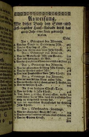 Anweisung, Wie dieses Buch bey Sonn- und Fest-täglicher Hauß-Andacht durch das gantze Jahr etwa könte gebraucht werden.