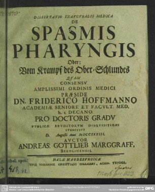 Dissertatio Inauguralis Medica De Spasmis Pharyngis Oder: Vom Krampf des Ober-Schlundes