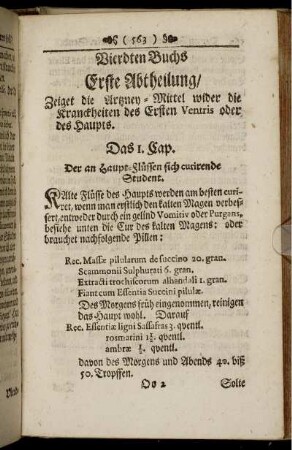 Erste Abtheilung/ Zeiget die Arzney-Mittel wider die Kranckheiten des Ersten Ventris oder des Haupts