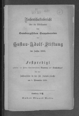 1880(1881): Rechenschaftsbericht über die Wirksamkeit des Hamburgischen Hauptvereins der Gustav-Adolf-Stiftung