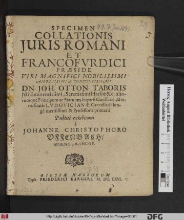 Specimen Collationis Iuris Romani Et Francofurdici