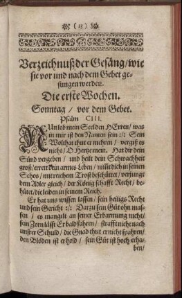 Verzeichnuß der Gesäng/ wie sie vor und nach dem Gebet gesugen werden.