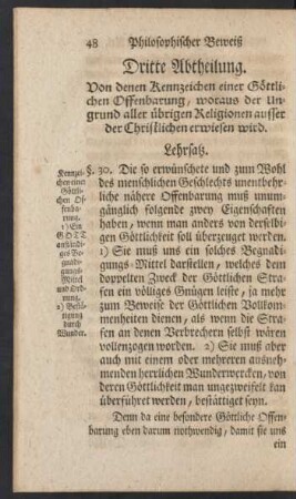Dritte Abtheilung. Von denen Kennzeichen einer Göttlichen Offenbarung, woraus der Ungrund aller übrigen Religionen ausser der Christlichen erwiesen wird.