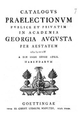 SS 1754: Catalogus praelectionum publice et privatim in Academia Georgia Augusta ... habendarum
