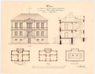 Schloss Klein-Skal bei Turnau Rentamtshaus, Umbau: Grundriss Erdgeschoss, 1. Obergeschoss, Dachgeschoss; Aufriss; Schnitt, 1:75, Maßstabsleiste