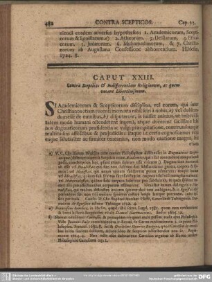 Caput XXIII. Contra Scepticos & Indifferentiam Religionum, ac quem vocant Libertinismum