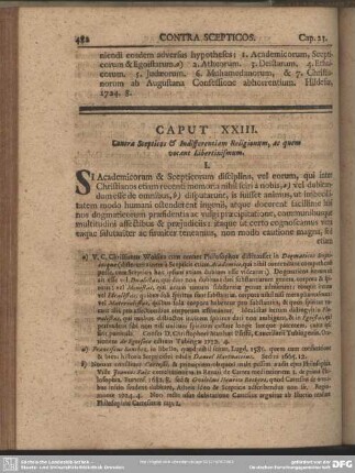 Caput XXIII. Contra Scepticos & Indifferentiam Religionum, ac quem vocant Libertinismum