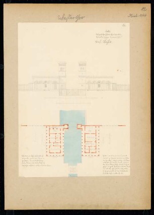 Wassertor Monatskonkurrenz November 1844: Grundriss, Aufriss Außenansicht; 2 Maßstabsleisten, Erläuterungstext