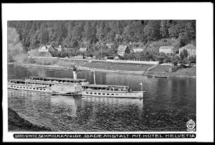 Sächsische Schweiz, Schmilka an der Elbe, Blick über die Elbe mit Elbdampfer Leipzig, Badeanstalt und Hotel Helvetia