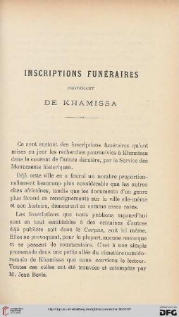 Sér. 4: Inscriptions funéraires provenant de Khamissa