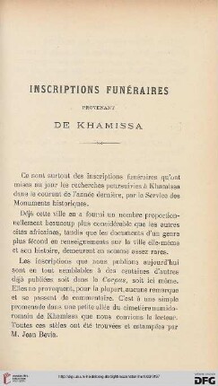 Sér. 4: Inscriptions funéraires provenant de Khamissa