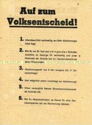 Aufruf und Anleitung der Landesverwaltung Sachsen zum Volksentscheid über die Enteignung der Betriebe von Nazi- und Kriegsverbrechern