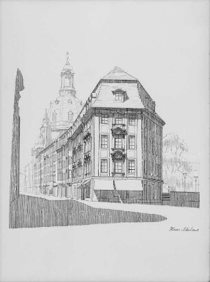 Wiederaufbau Rampische Straße : Dresden, Entwurf zum Wiederaufbau der Häuser an der Rampischen Straße, Ansicht gegen die Frauenkirche