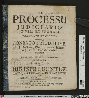 De Processu Iudiciario Civili Et Feudali Tractatio Synoptica