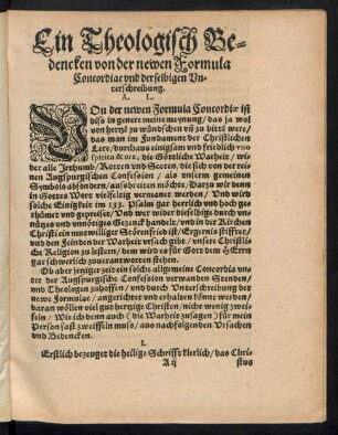 Ein Theologisch Bedencken von der neuen Formula Concordiae und derselbigen Unterschreibung.