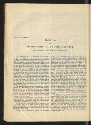 Beil. 2 zur 13. Versammlung. Notizen über die neuen Bahnhöfe zu Straßburg und Metz, Vortrag, gehalten von Prof. Laißle am 22. November 1884