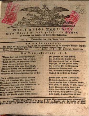 Berlinische Nachrichten von Staats- und gelehrten Sachen. 1818,1/3, 1818,1/3