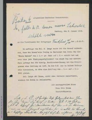 Brief von Antonie Traun an die Vorsitzende der Ortsgruppe Frankfurt, Jenny Apolant