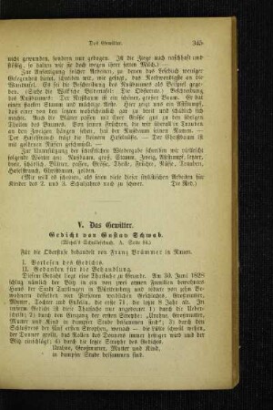 ¬Das¬ Gewitter : Gedicht ; (Wetzel's Schullesebuch A Seite 84) ; für die Oberstufe behandelt