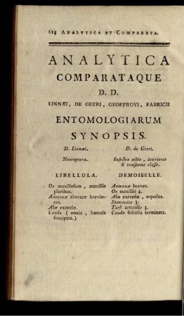 ANALYTICA COMPARATAQUE ENTOMOLOGIARUM SYNOPSIS