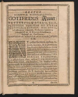 Rector Academiae Wittenbergensis Gottfridus Reuter ...