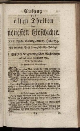 XXX. Nachl. Coburg, den 27. Jul. 1754.