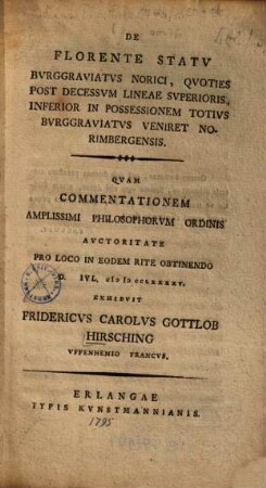 De florente statu Burggraviatus Norici, quoties post decessum lineae superioris, inferior in possessionem totius Burggraviatus veniret Norimbergensis