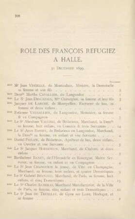 Role des françois refugiez à Halle. 31 décembre 1699
