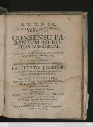 Disputatio Inauguralis Iuridica, De Consensu Parentum Ad Nuptias Liberorum