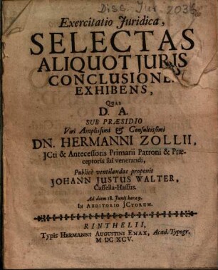 Exercitatio Juridica, Selectas Aliquot Juris Conclusiones Exhibens