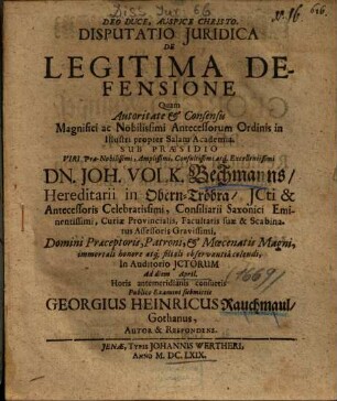 Disputatio Juridica De Legitima Defensione