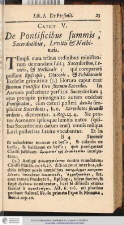CAP. V. De Pontificibus Summis , Sacerdotibus, Levitis & Nethinaeis.