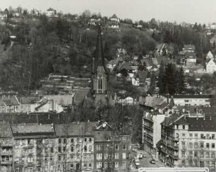 Meißen-Triebischtal, Blick vom Lerchaweg zur Lutherkirche über Karl-Liebknecht- und Lessingstraße