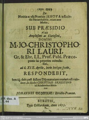 De notitia ac usu nominis Jehova in ecclesiis patriarchalibus, etiam ante Mosen