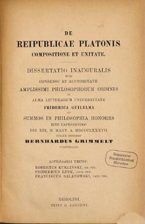 De Reipublicae Platonis compositione et unitate ...