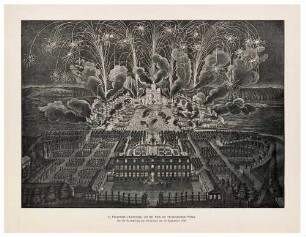 Darstellungen des Apollofestes und Jupiterfesates während des Planetenfestes zur Vermählung des Kurprinzen 1719, aus dem 2. Teil der Dresdner Bilderchronik, Lichtdruck nach einem Kupferstich und einer Tuschezeichnung